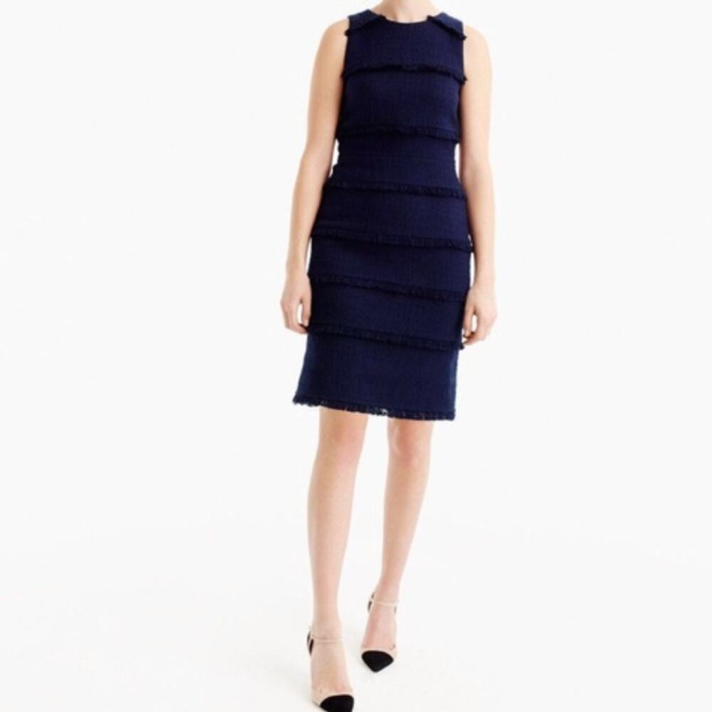NWT J Crew 100% Cotton Navy Blue Fringy Tweed Sleeveless Sheath Dress • Size 6